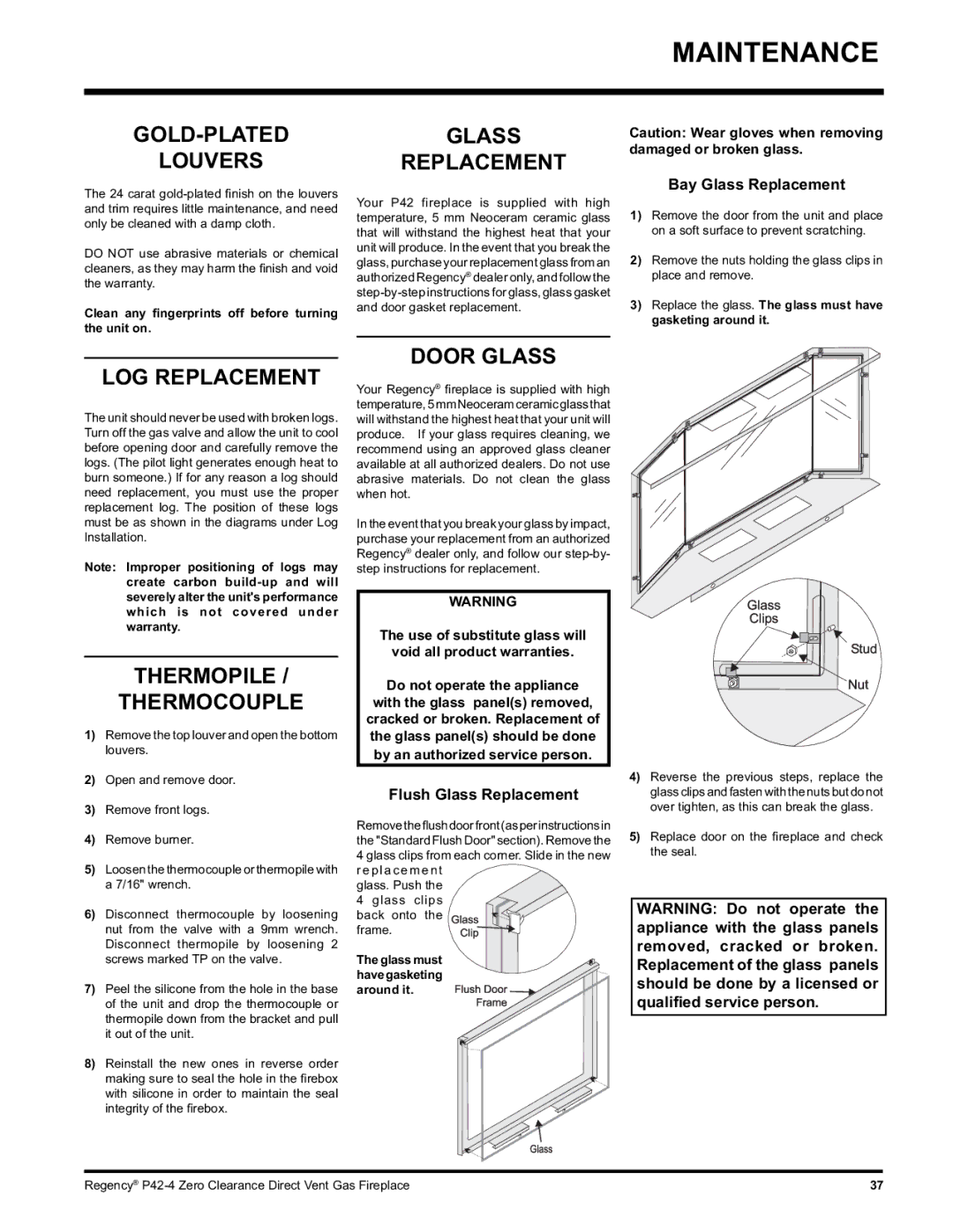 Regency P42-LP4, P42-NG4 GOLD-PLATEDGLASS Louvers Replacement, LOG Replacement, Thermopile Thermocouple, Door Glass 