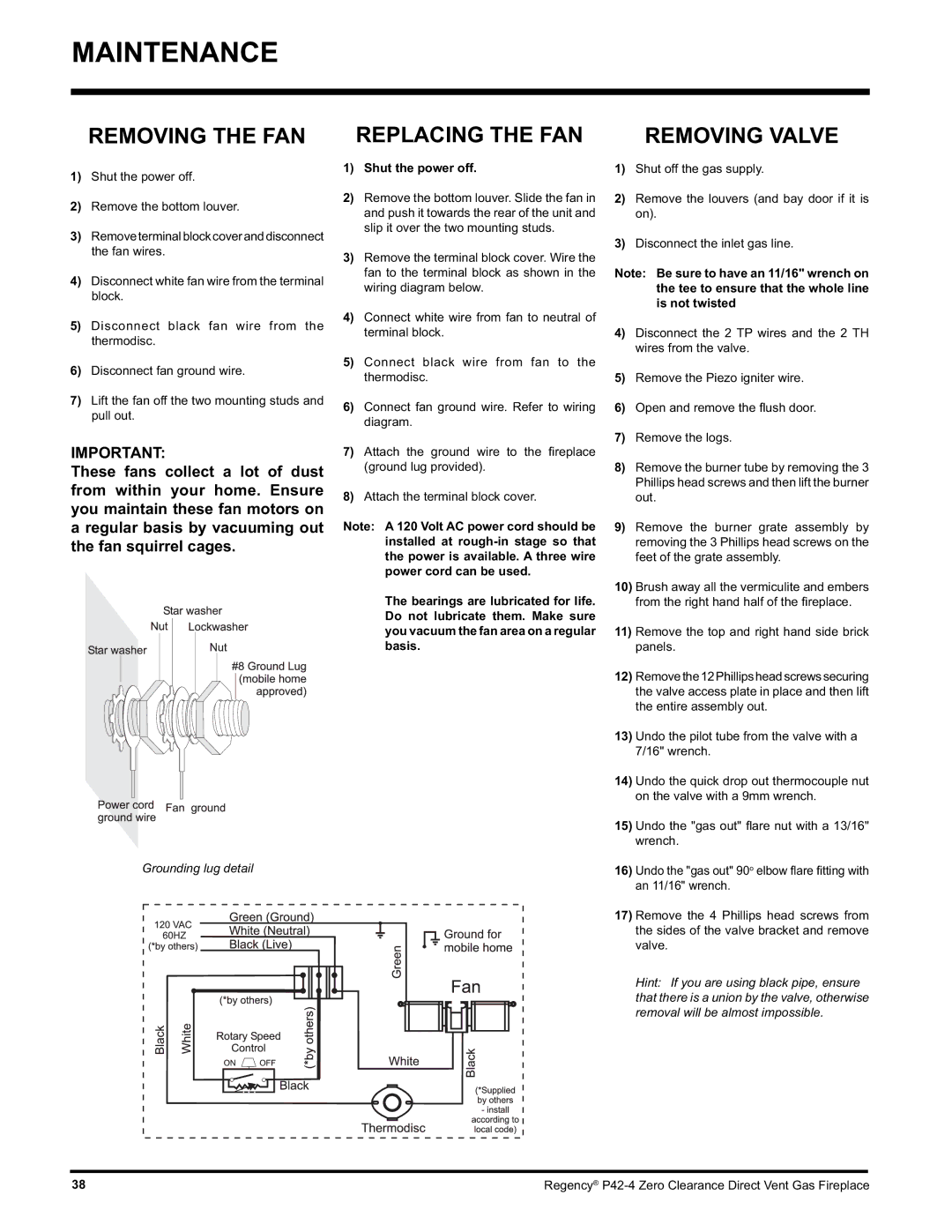 Regency P42-NG4, P42-LP4 installation manual Removing the FAN Replacing the FAN, Shut the power off 