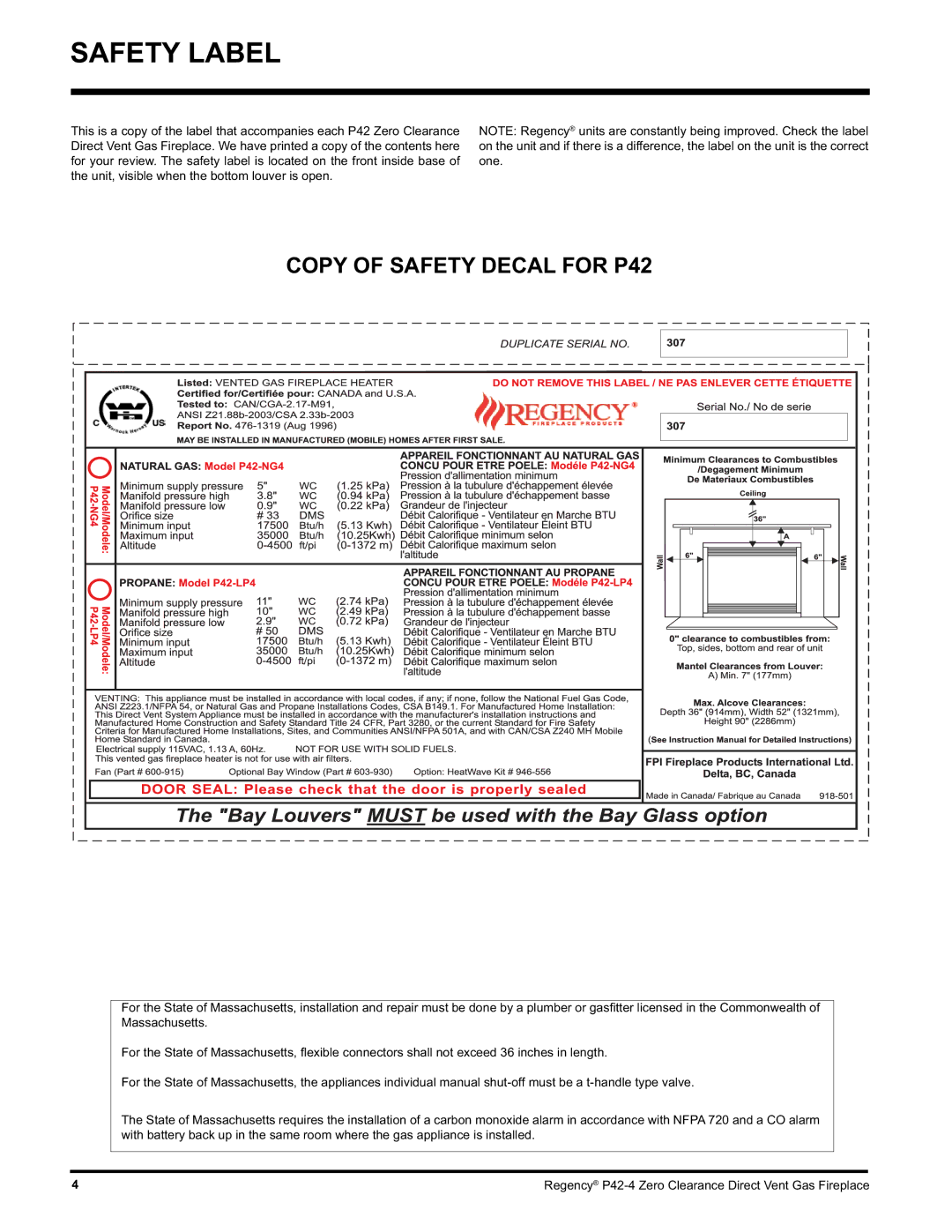 Regency P42-NG4, P42-LP4 installation manual Safety Label, Copy of Safety Decal for P42 