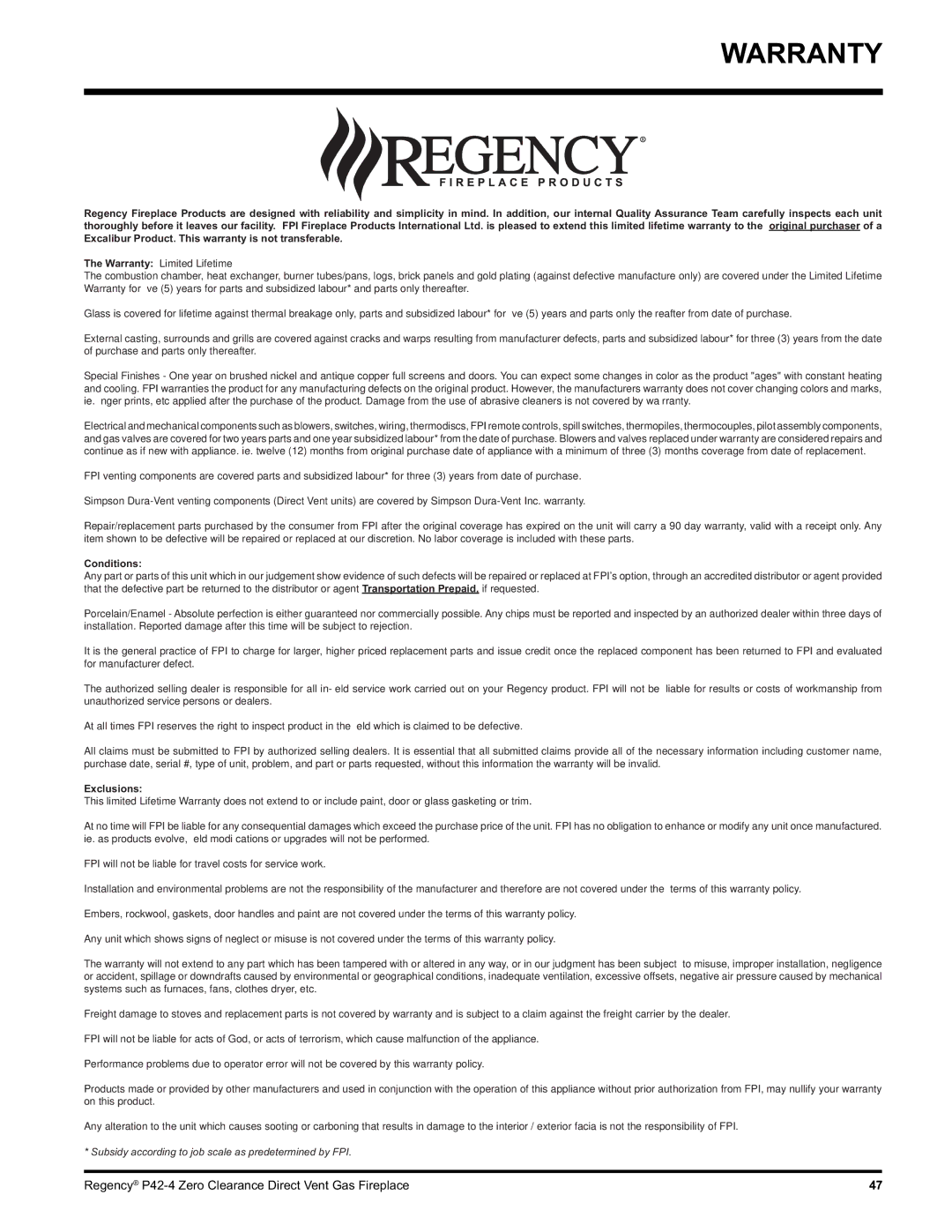 Regency P42-LP4, P42-NG4 installation manual Warranty, Conditions 