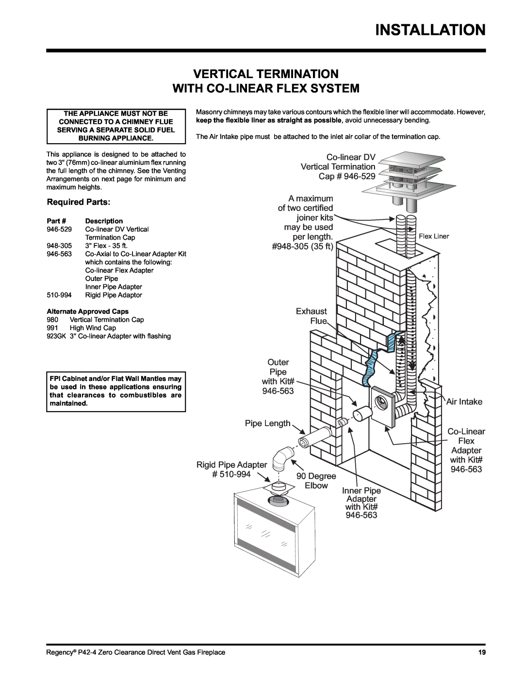 Regency P42-LP4, P42-NG4 installation manual Vertical Termination With Co-Linearflex System, Required Parts 