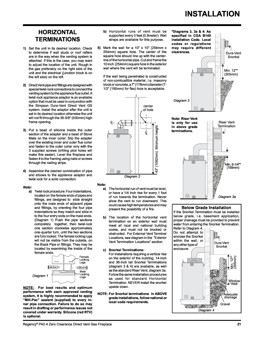 Regency P42-LP4, P42-NG4 installation manual Horizontal Terminations, cSnorkel Terminations, Diagram 3a 