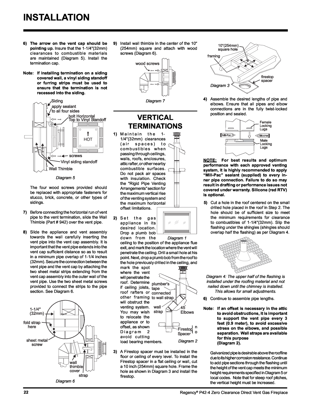 Regency P42-NG4, P42-LP4 installation manual Vertical Terminations, Diagram, This allows for small adjustments 