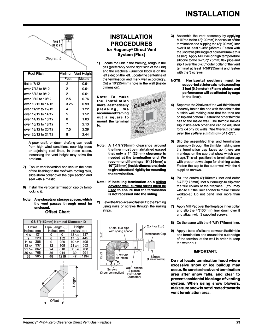 Regency P42-LP4, P42-NG4 Installation Procedures, Offset Chart, for Regency Direct Vent System Flex, Diagram 