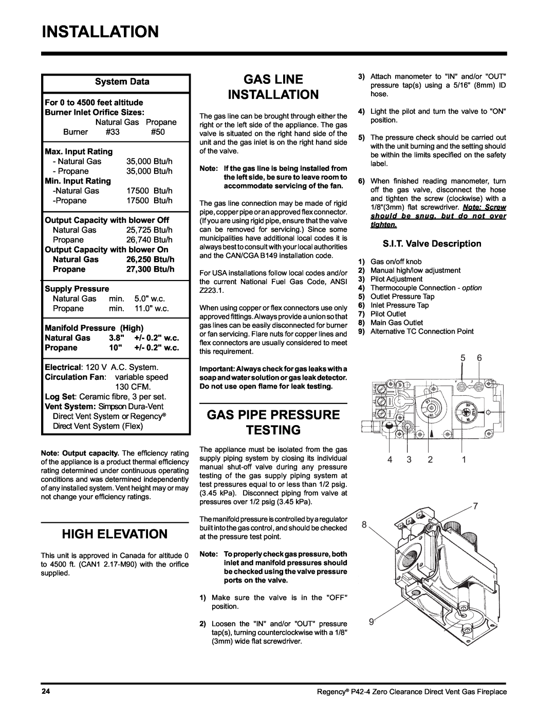 Regency P42-NG4 High Elevation, Gas Line Installation, Gas Pipe Pressure Testing, System Data, S.I.T. Valve Description 