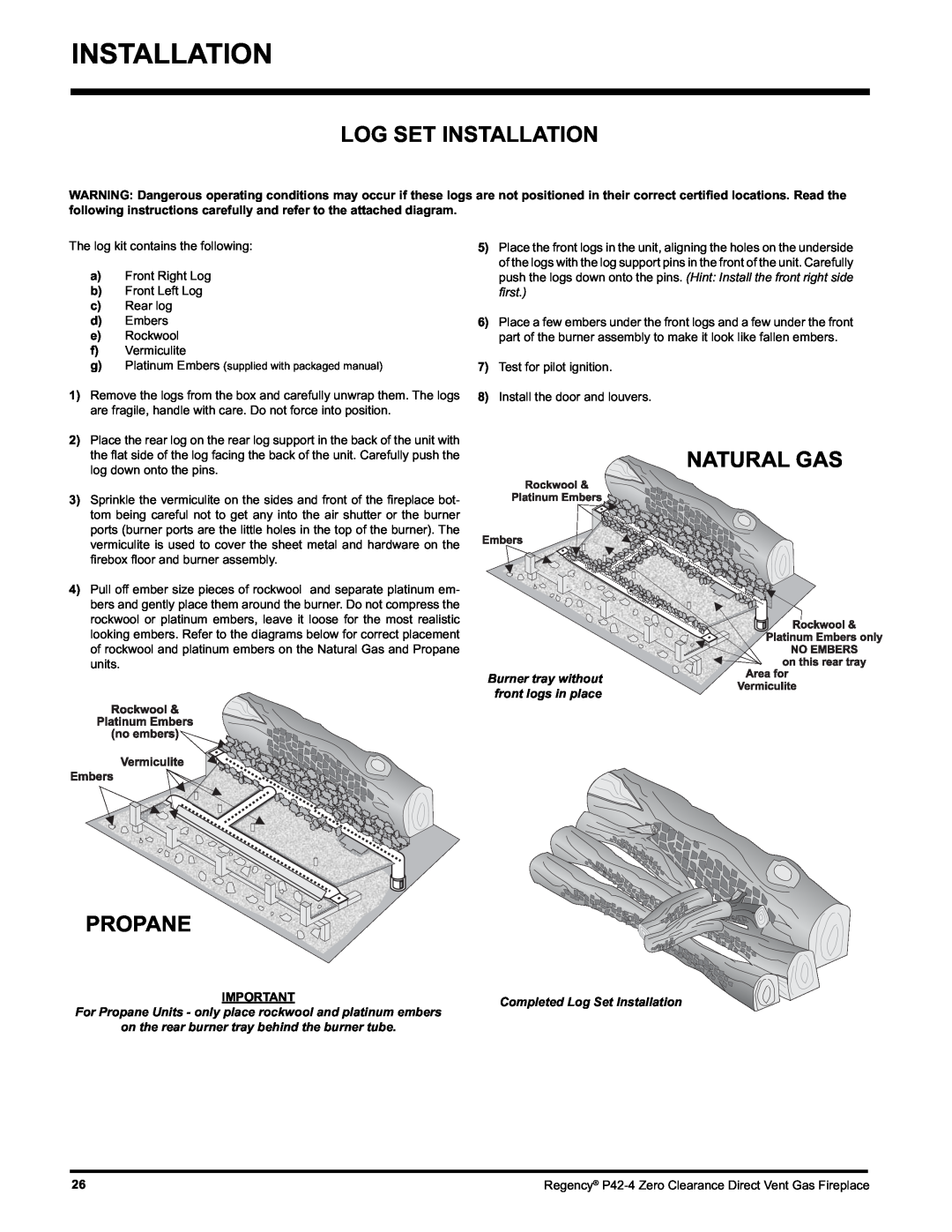 Regency P42-NG4, P42-LP4 installation manual Log Set Installation, Natural Gas, Propane 
