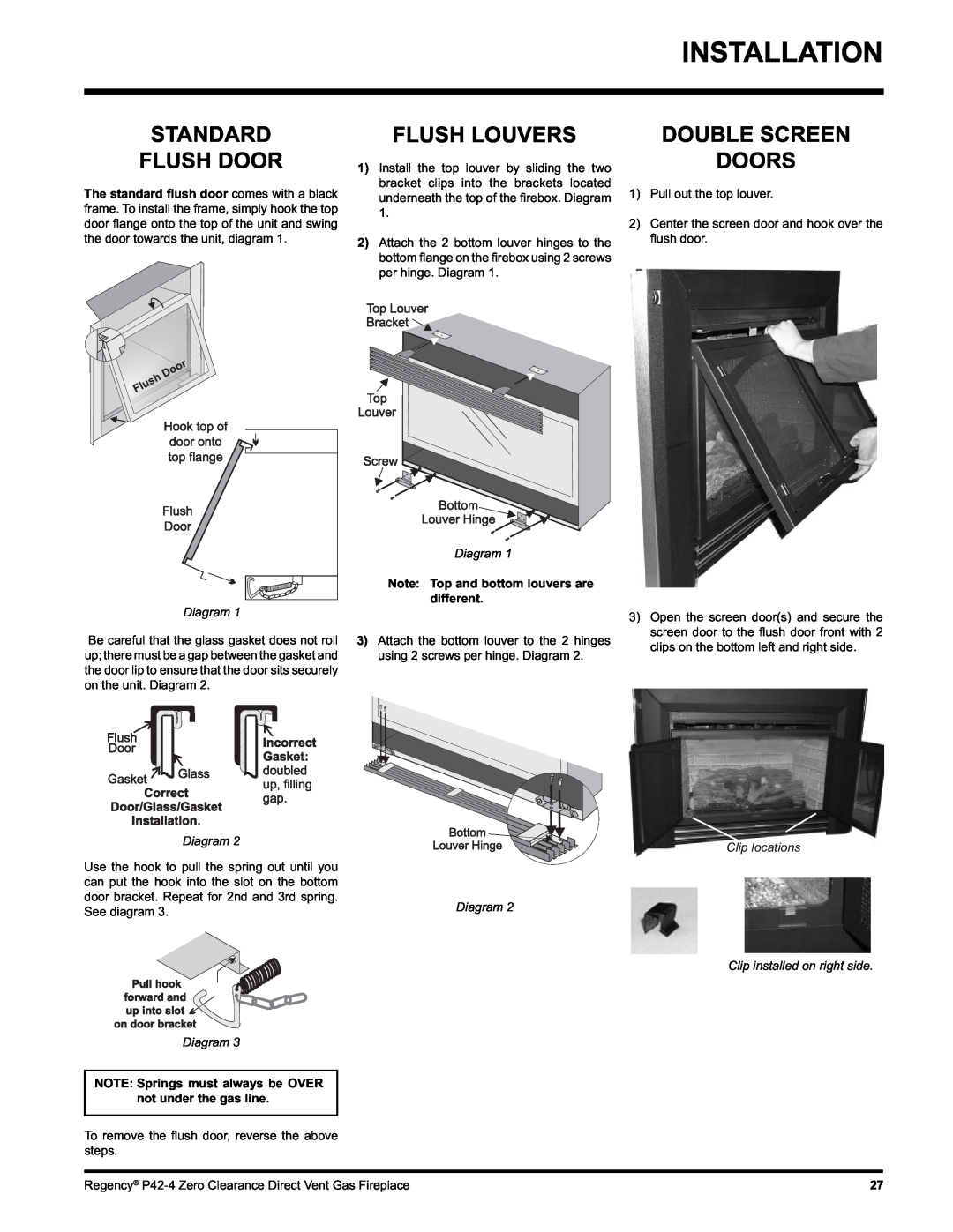 Regency P42-LP4, P42-NG4 installation manual Standard Flush Door, Flush Louvers, Double Screen Doors, Diagram 