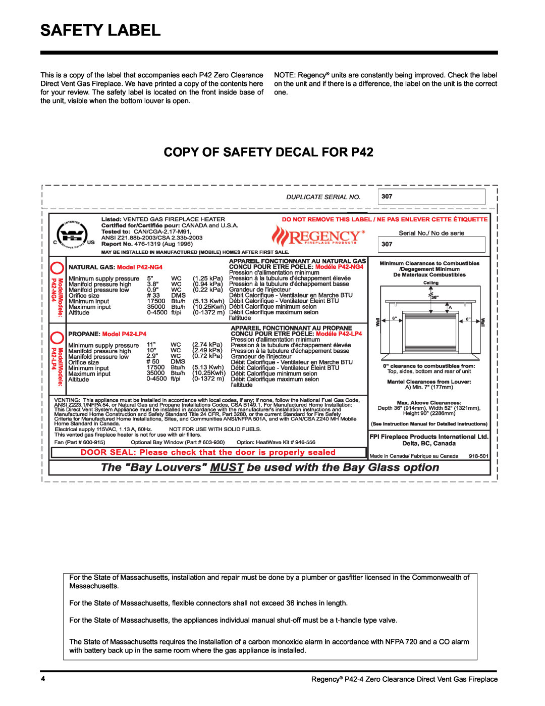 Regency P42-NG4, P42-LP4 installation manual Safety Label, COPY OF SAFETY DECAL FOR P42 