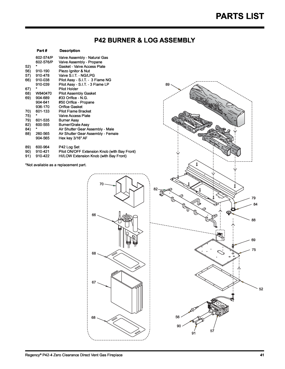 Regency P42-LP4, P42-NG4 installation manual P42 BURNER & LOG ASSEMBLY, Description 