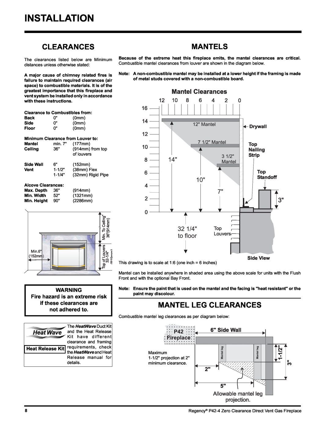 Regency P42-NG4 Clearancesmantels, Mantel Leg Clearances, Clearance to Combustibles from, Minimum Clearance from Louver to 