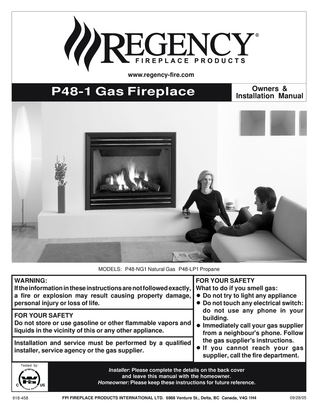 Regency installation manual P48-1 Gas Fireplace 
