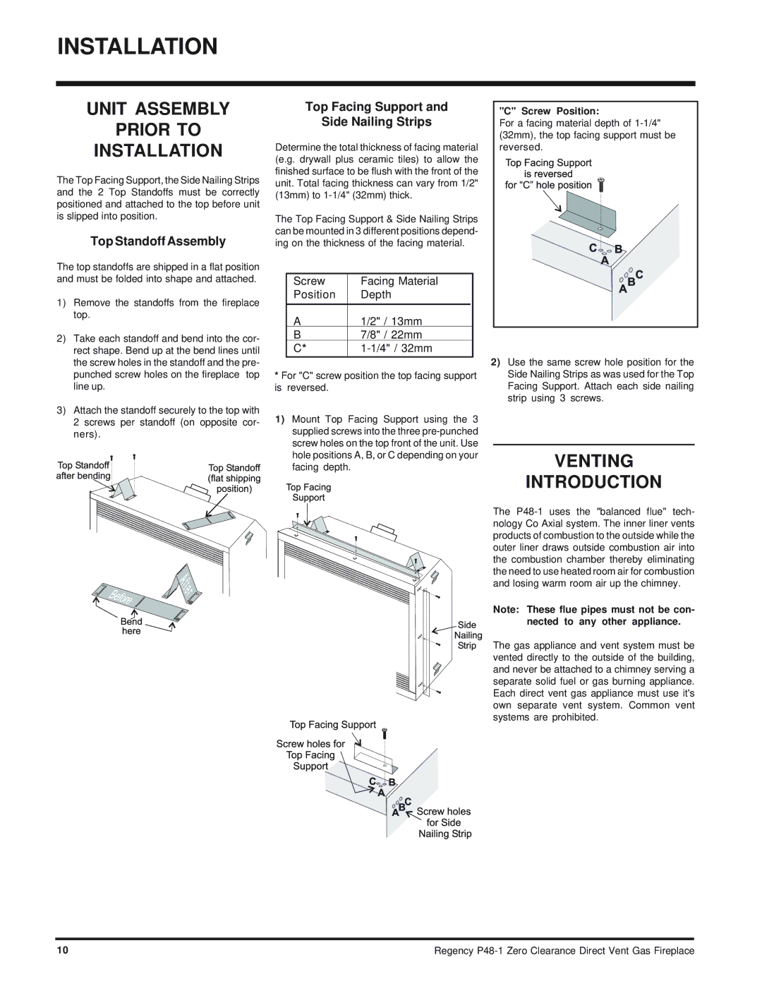 Regency P48-1 Unit Assembly Prior to Installation, Venting Introduction, Top Standoff Assembly, Screw Position 