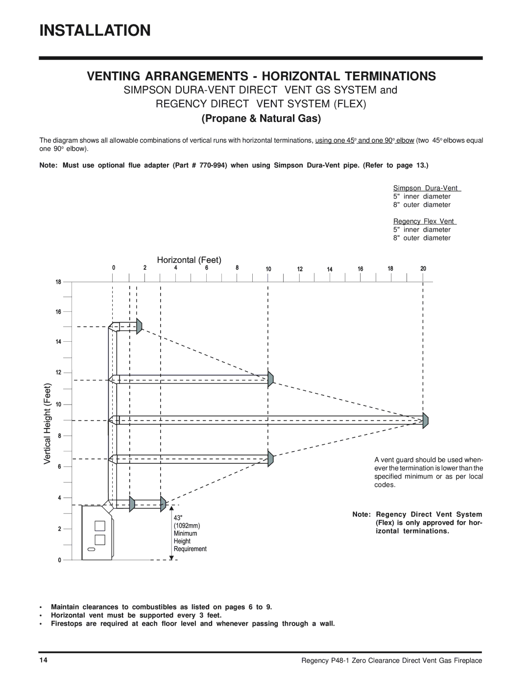 Regency P48-1 installation manual Venting Arrangements Horizontal Terminations, Regency Direct Vent System Flex 