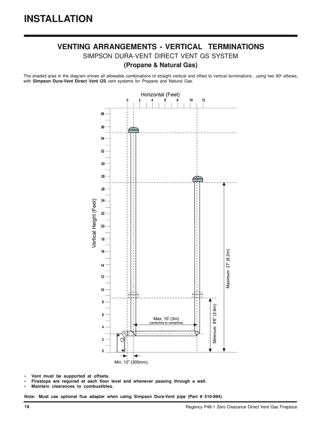 Regency P48-1 installation manual Venting Arrangements Vertical Terminations, Simpson DURA-VENT Direct Vent GS System 