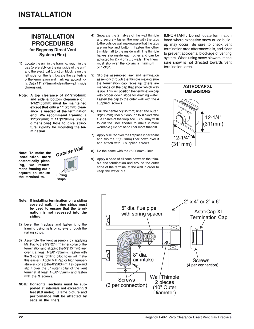 Regency P48-1 installation manual Installation Procedures, For Regency Direct Vent System Flex 