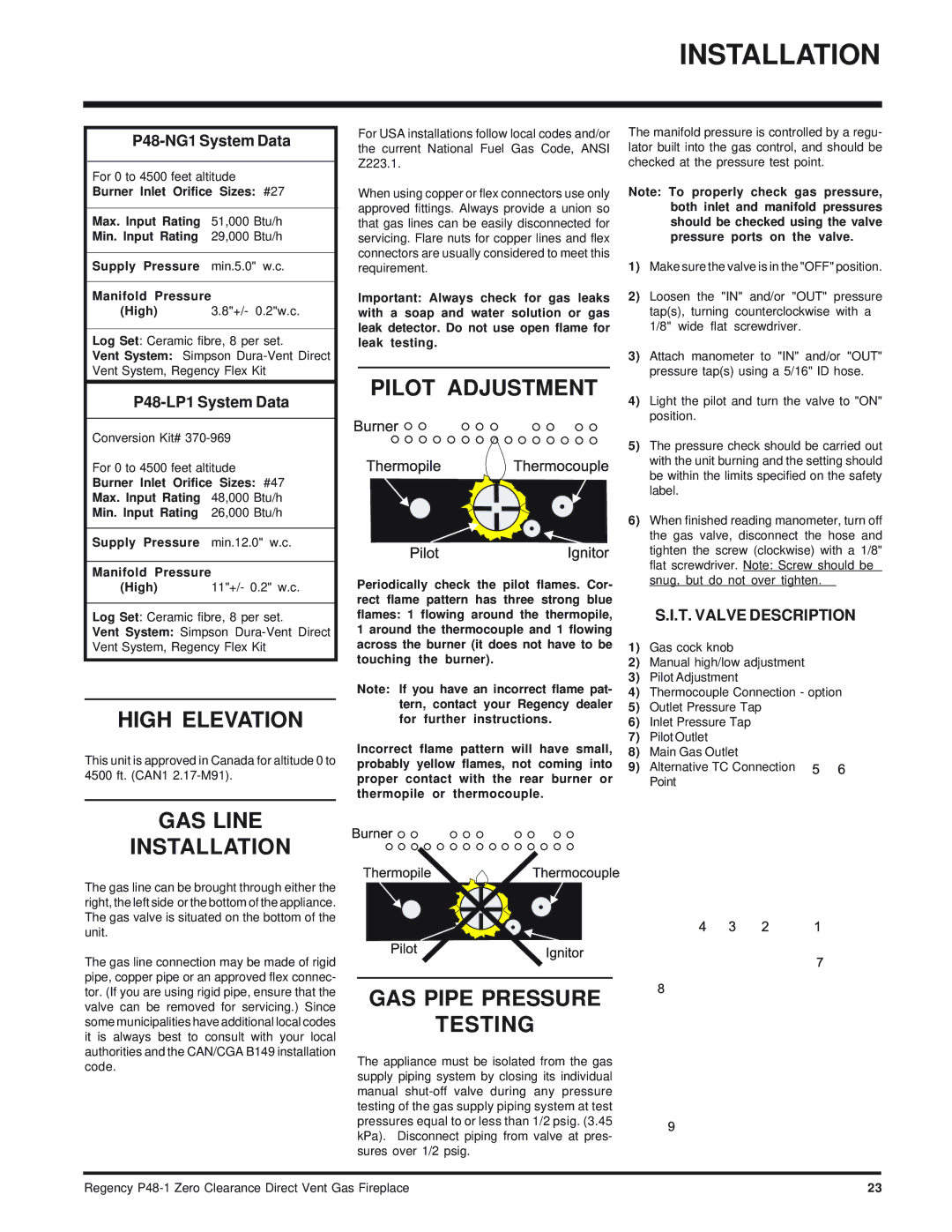 Regency P48-1 installation manual High Elevation, GAS Line Installation, Pilot Adjustment, GAS Pipe Pressure Testing 