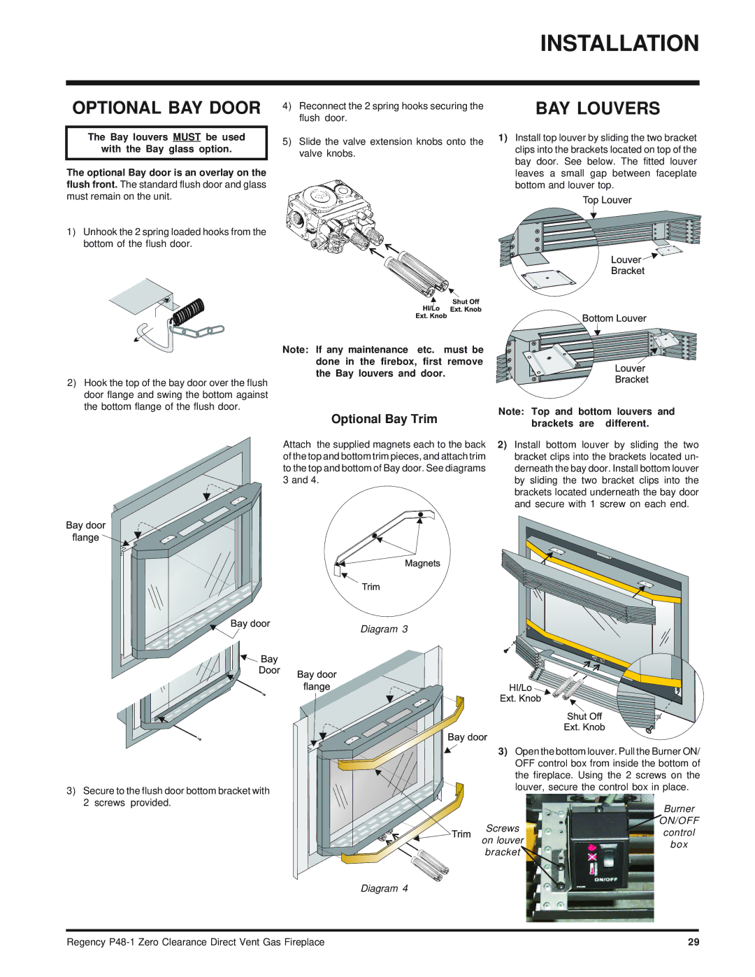 Regency P48-1 installation manual Optional BAY Door, BAY Louvers, Optional Bay Trim 