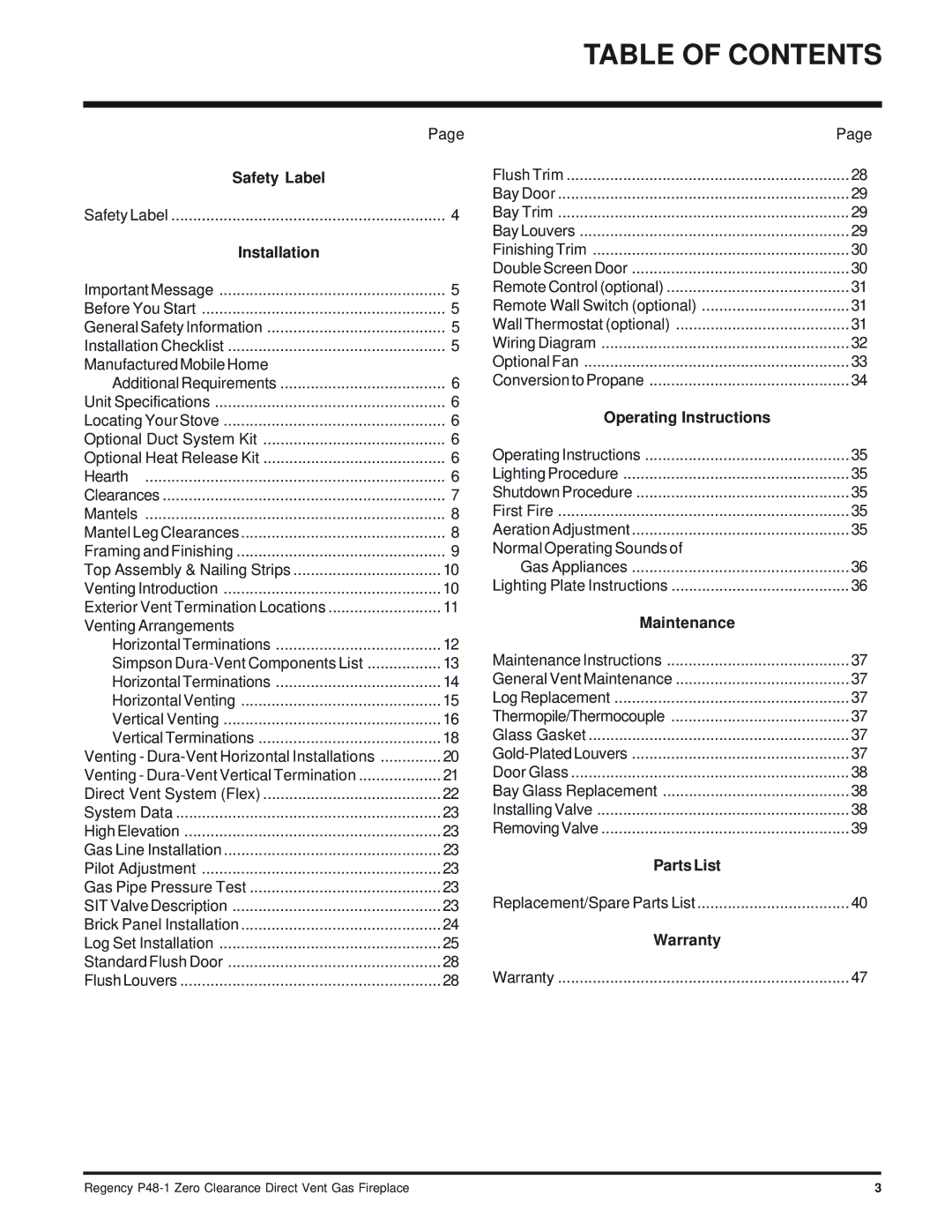 Regency P48-1 installation manual Table of Contents 