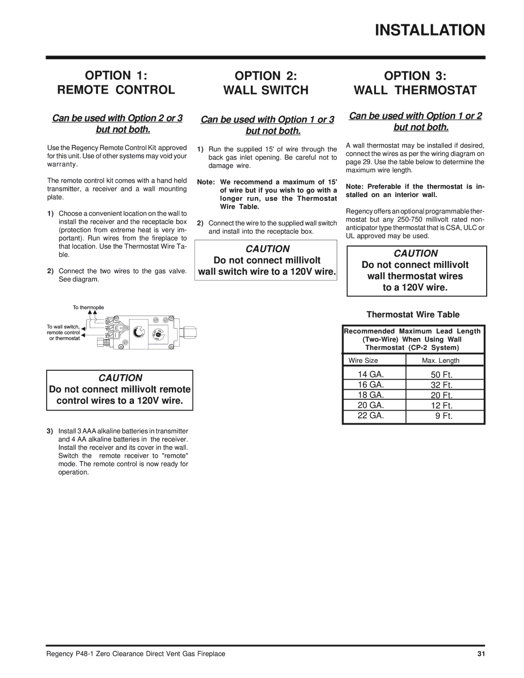 Regency P48-1 installation manual Option Remote Control, Thermostat Wire Table 