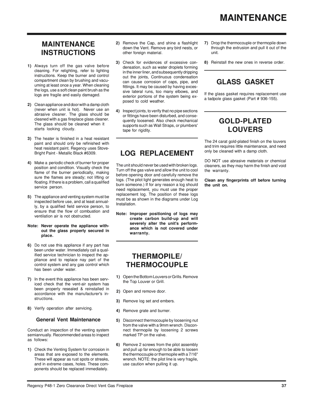 Regency P48-1 installation manual Maintenance 