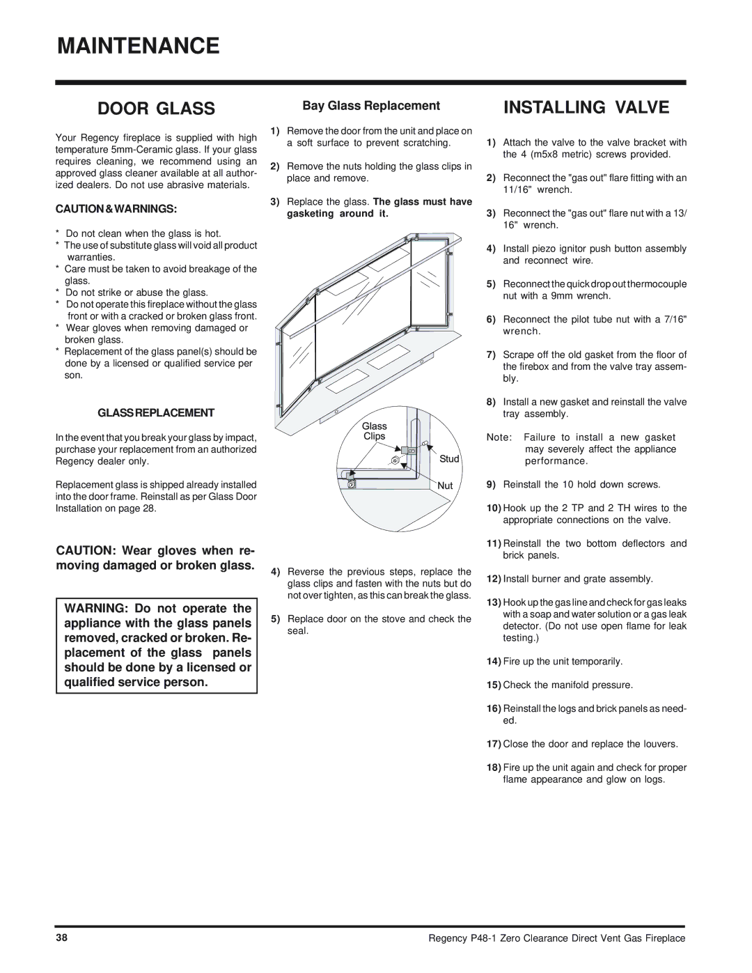 Regency P48-1 installation manual Door Glass, Installing Valve, Bay Glass Replacement 