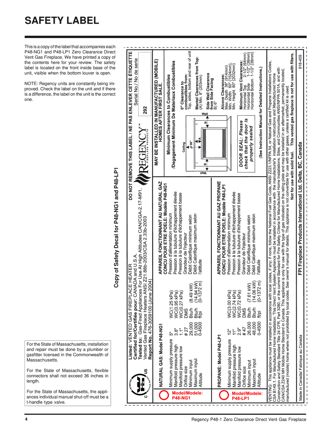 Regency P48-1 installation manual Safety Label, Copy of Safety Decal for P48-NG1 and P48-LP1 