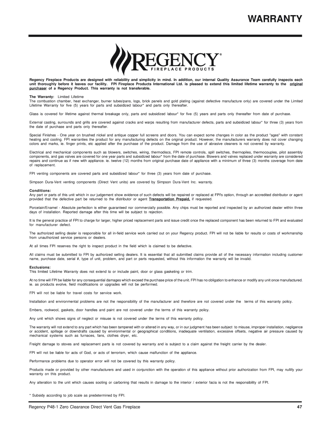 Regency P48-1 installation manual Warranty, Conditions 