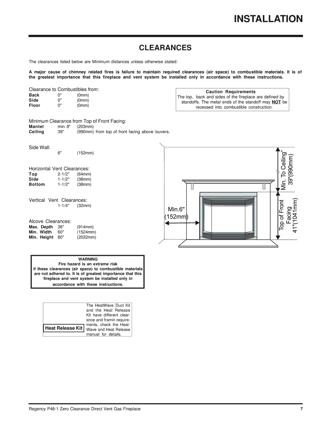 Regency P48-1 installation manual Clearances, Mantel, Ceiling, Max. Depth 36 914mm, Min. Height 80 2032mm 