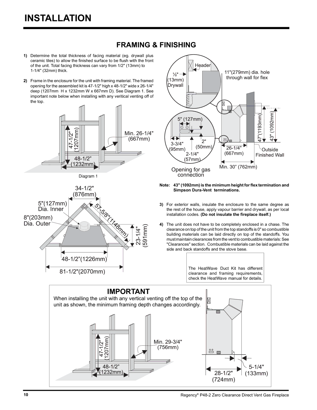 Regency P48-2 installation manual Framing & Finishing, Simpson Dura-Vent terminations 