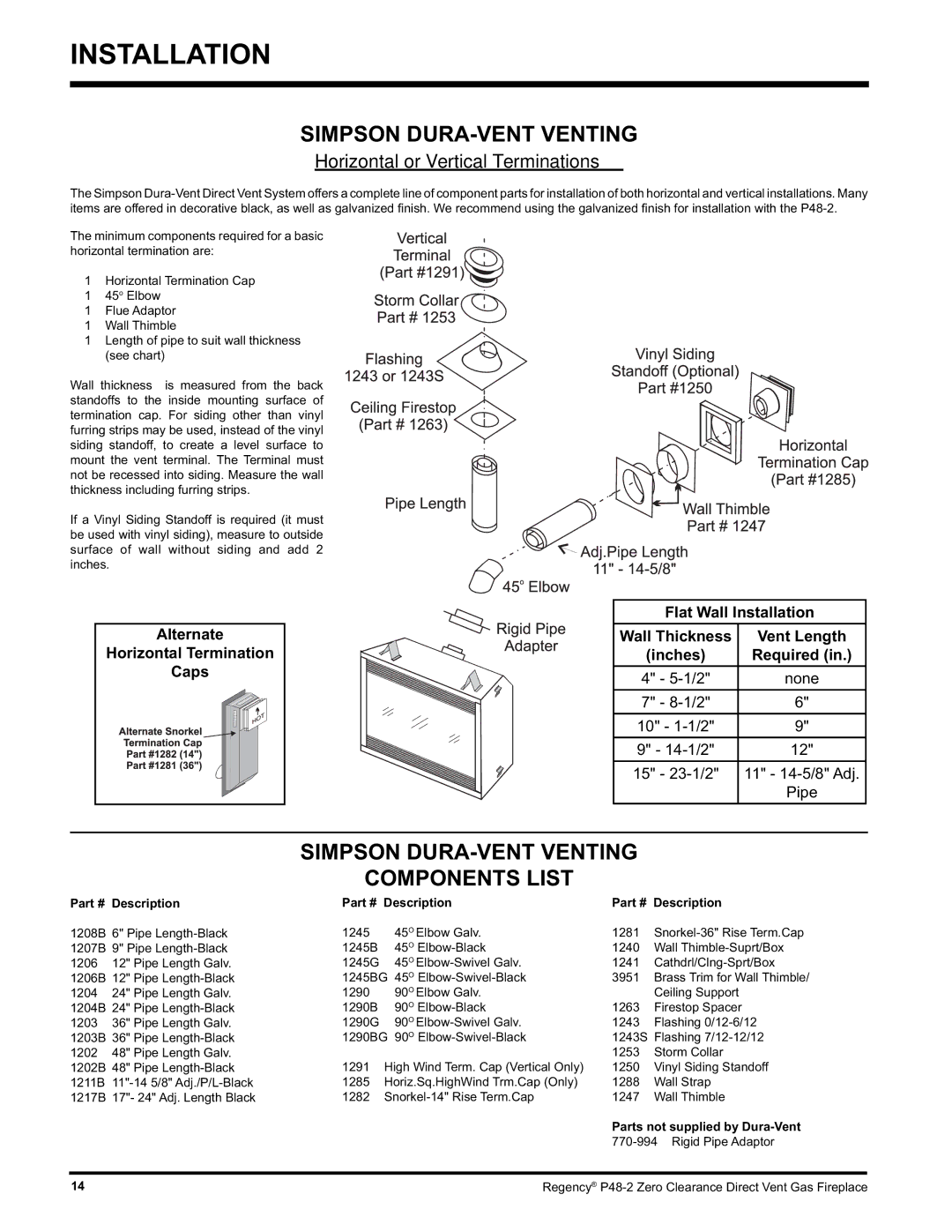 Regency P48-2 installation manual Simpson DURA-VENT Venting Components List, Description 