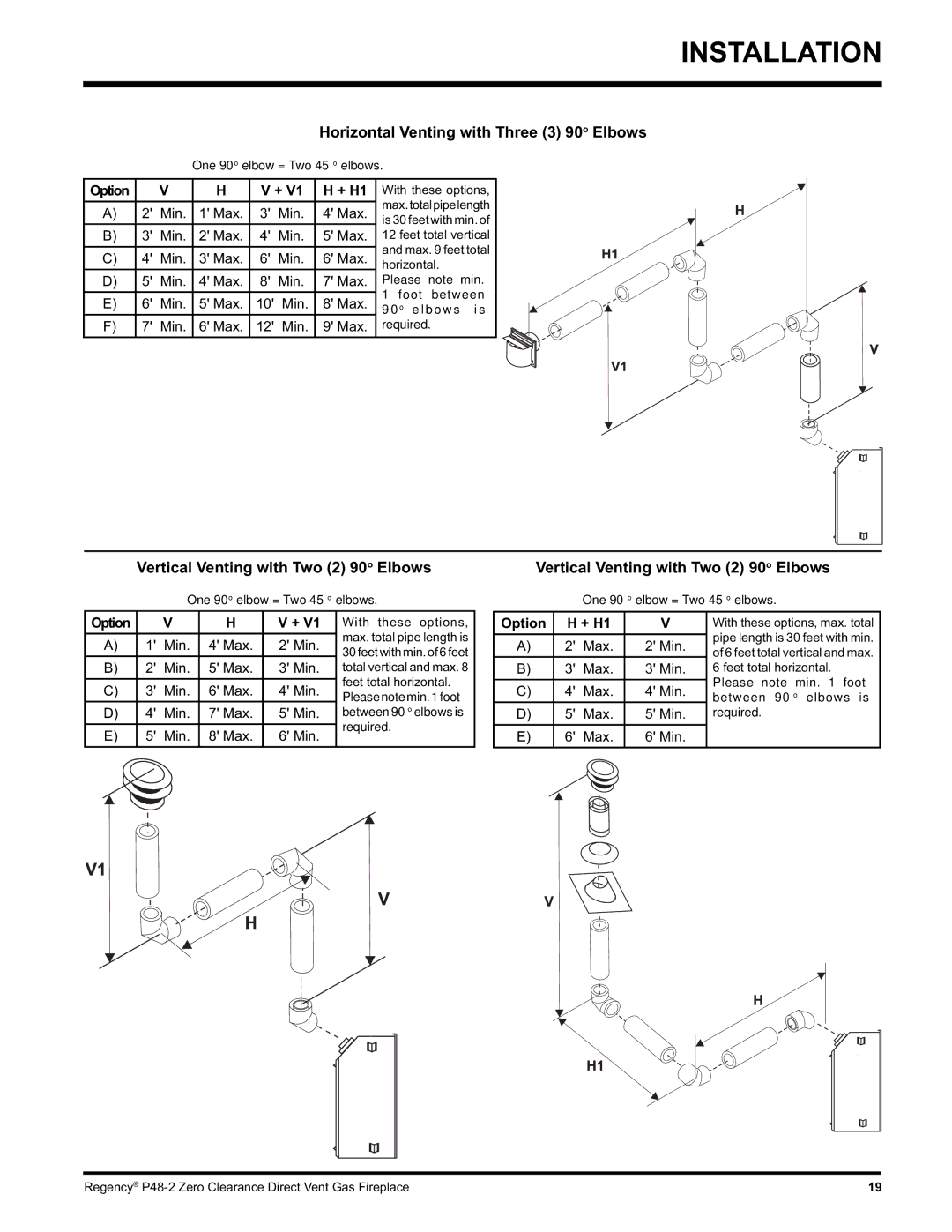 Regency P48-2 installation manual Vertical Venting with Two 2 90 o Elbows 