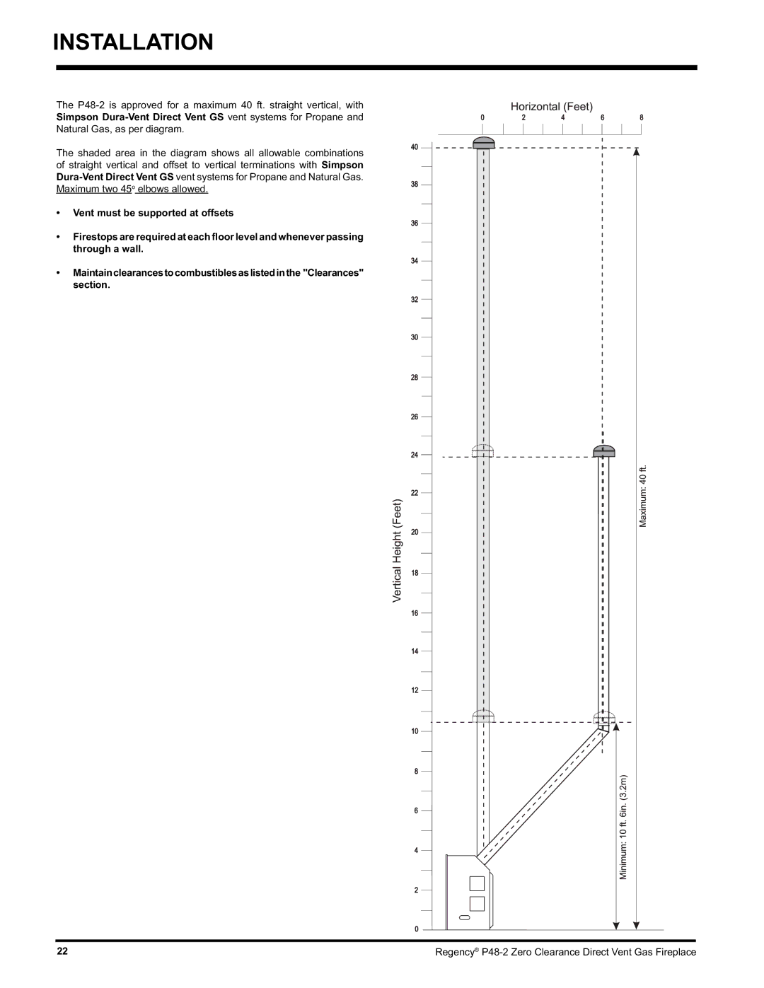 Regency P48-2 installation manual Maximum two 45o elbows allowed 