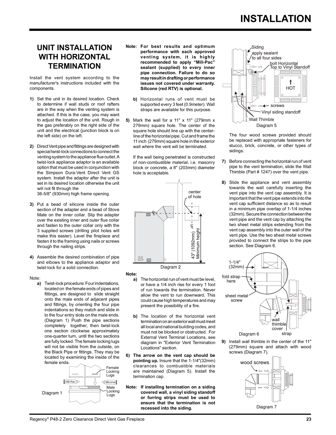 Regency P48-2 installation manual Unit Installation with Horizontal Termination, 36-5/8 930mm high frame opening 