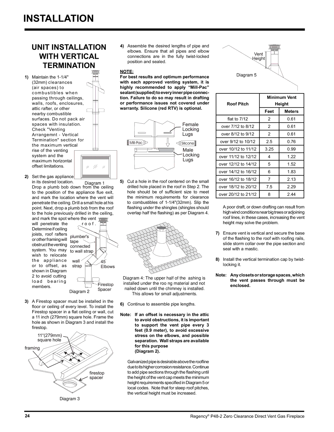 Regency P48-2 installation manual Unit Installation With Vertical Termination, Diagram, Minimum Vent, Feet 