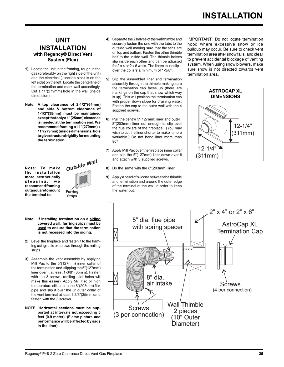 Regency P48-2 installation manual Unit Installation, With Regency Direct Vent System Flex 