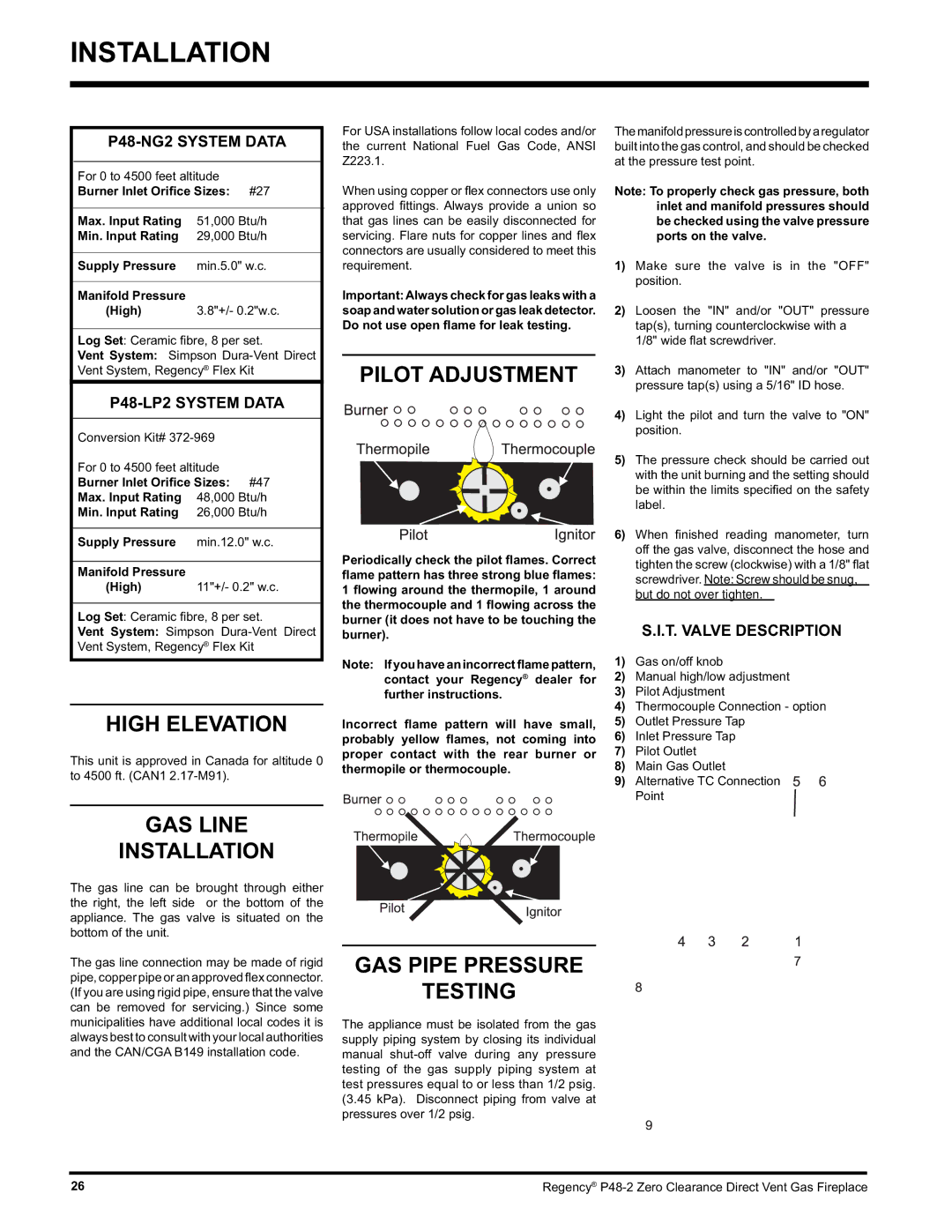 Regency P48-2 installation manual High Elevation, GAS Line Installation, Pilot Adjustment, GAS Pipe Pressure Testing 