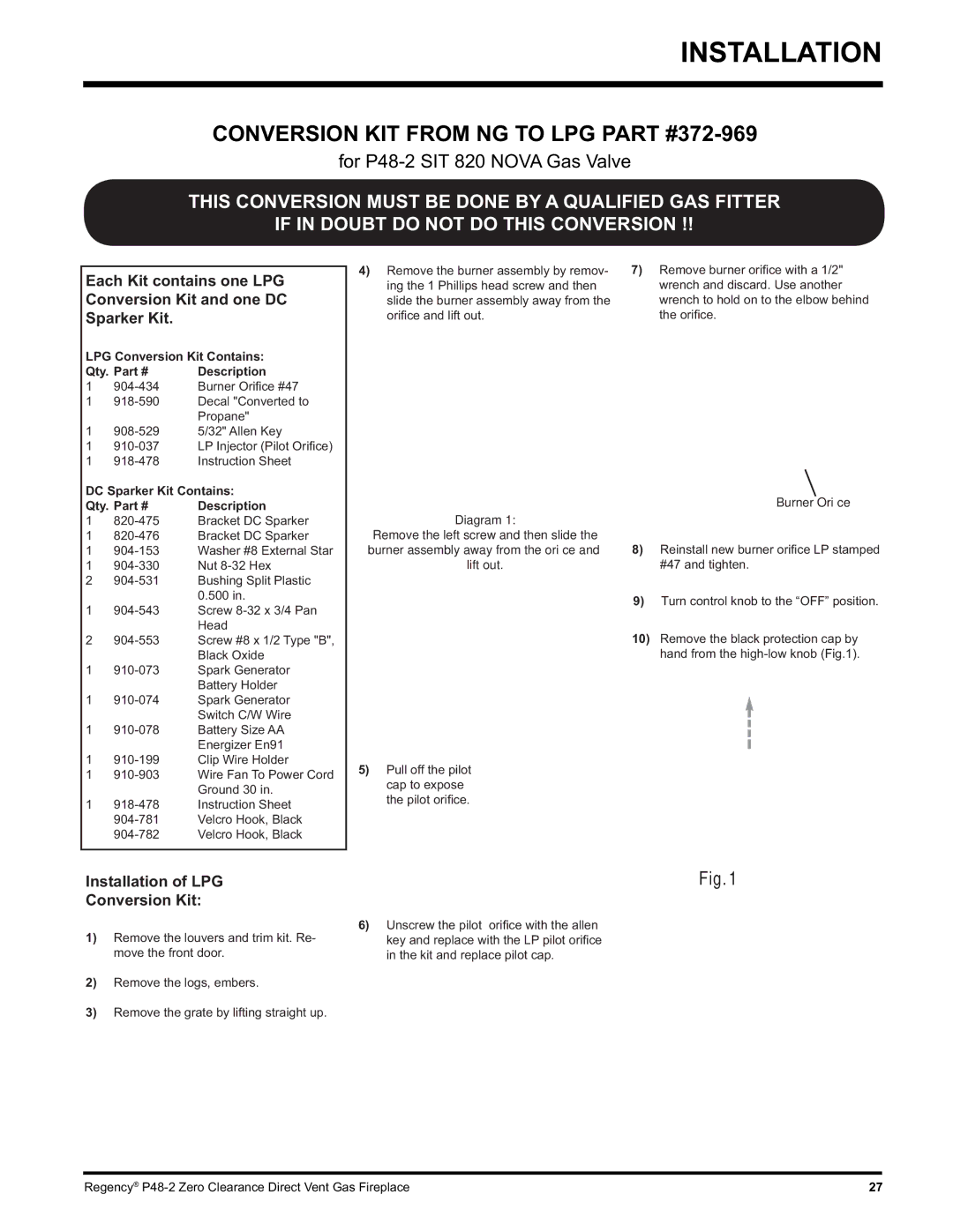 Regency P48-2 installation manual Conversion KIT from NG to LPG, LPG Conversion Kit Contains Qty 