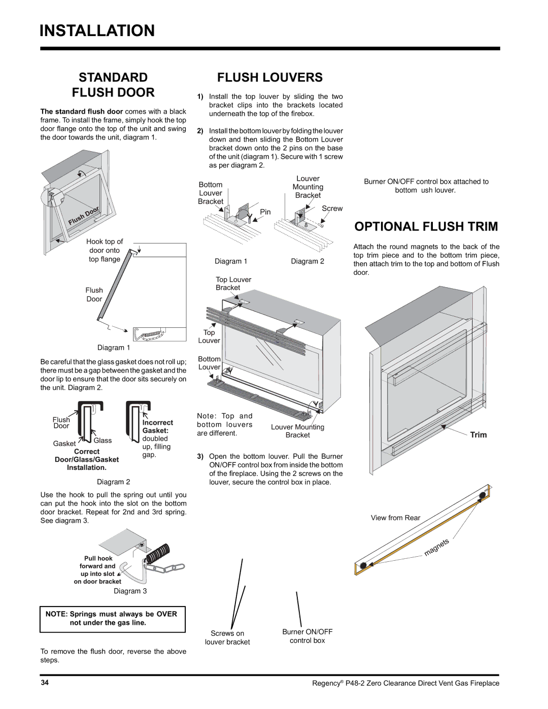 Regency P48-2 installation manual Standard Flush Door, Flush Louvers, Optional Flush Trim 