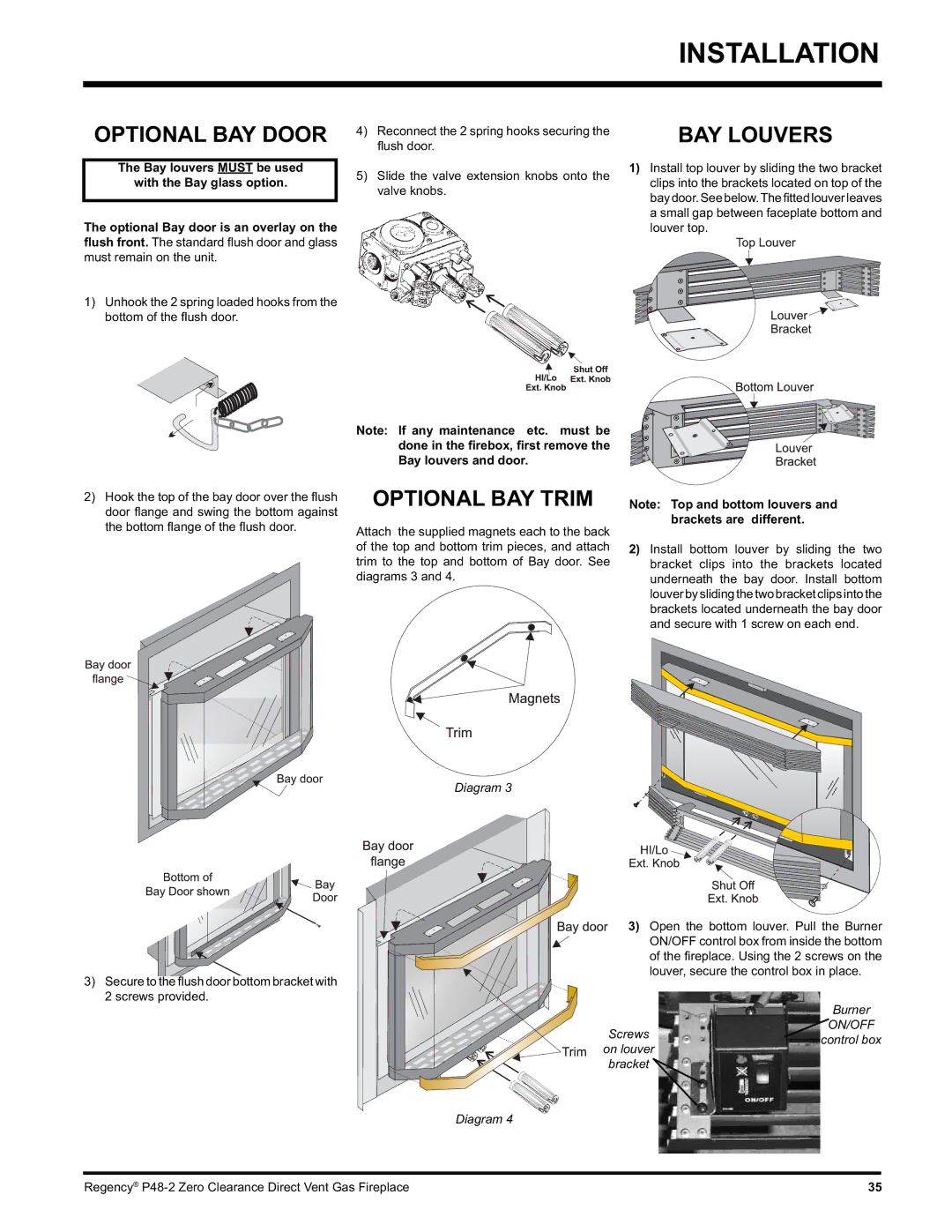 Regency P48-2 installation manual Optional BAY Door, Optional BAY Trim, BAY Louvers 