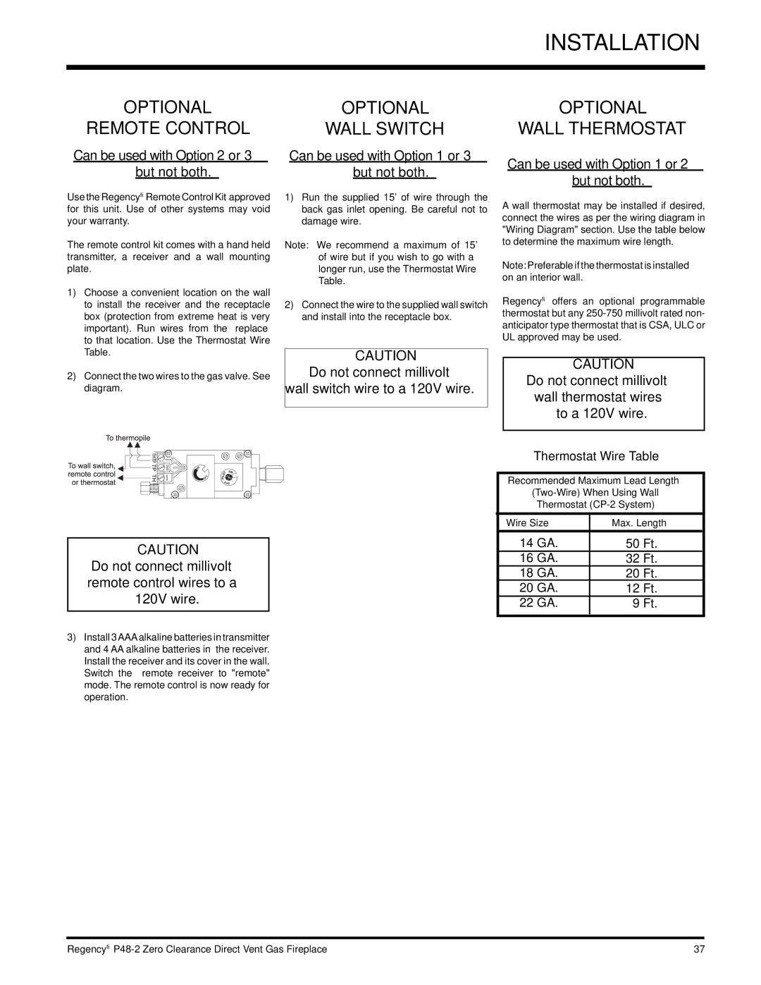 Regency P48-2 installation manual Optional Remote Control Wall Switch Wall Thermostat 