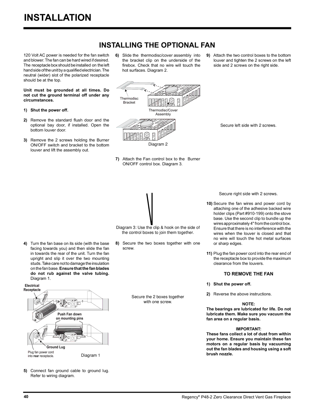 Regency P48-2 installation manual Installing the Optional FAN, Secure left side with 2 screws Diagram 