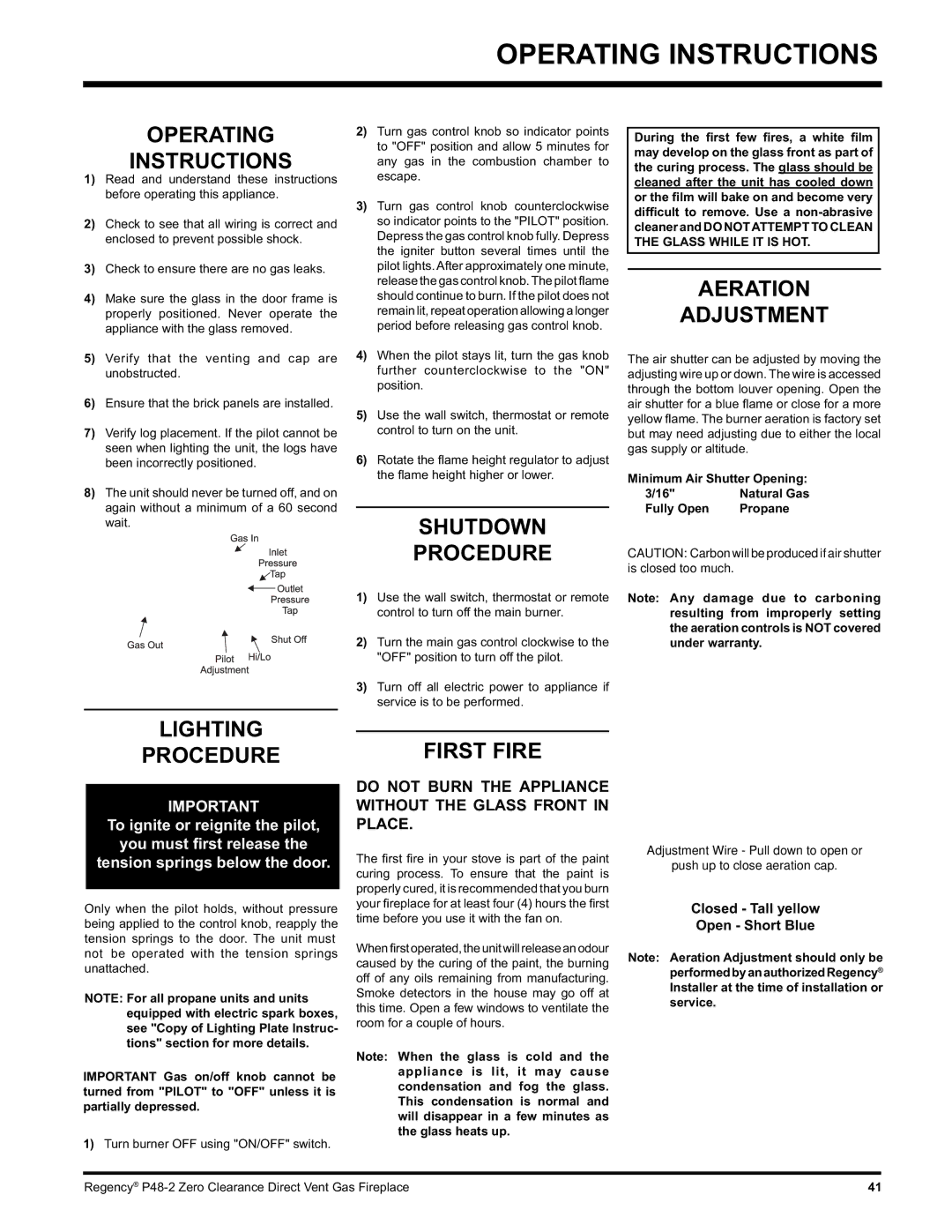 Regency P48-2 installation manual Operating Instructions 