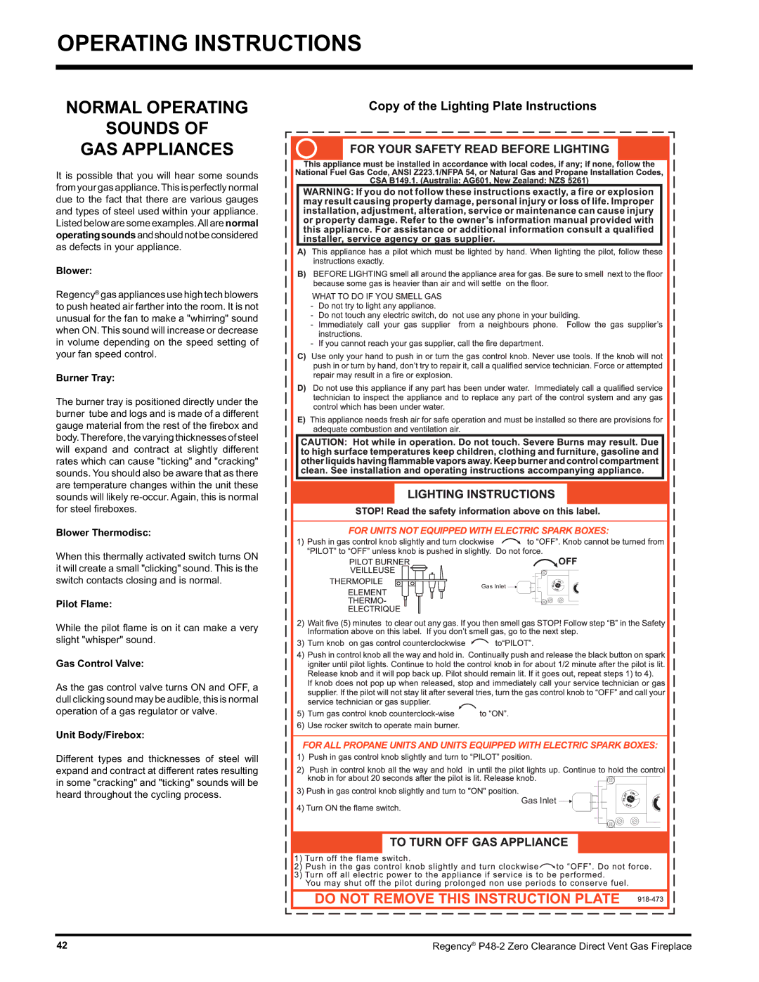 Regency P48-2 installation manual Normal Operating Sounds GAS Appliances 