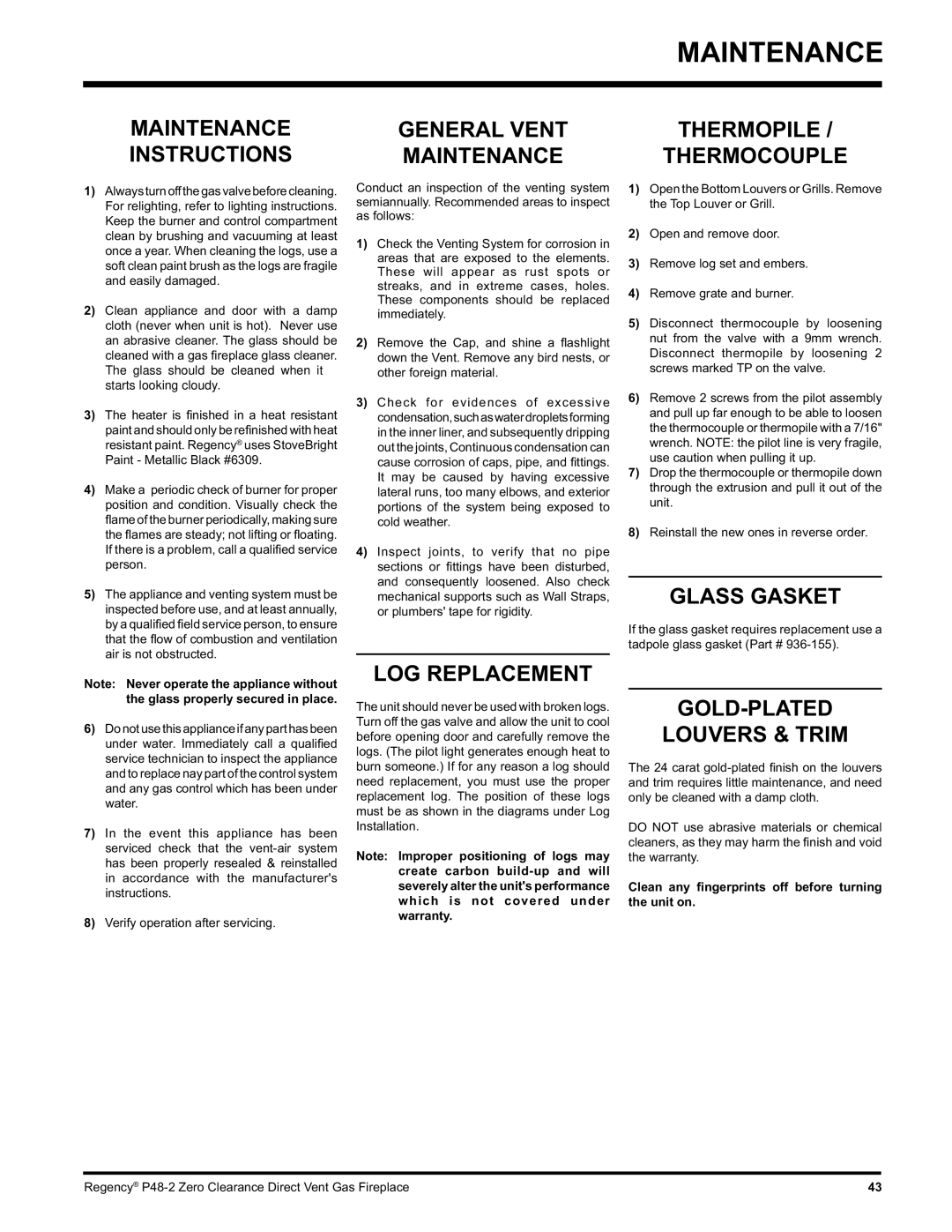 Regency P48-2 installation manual Maintenance 