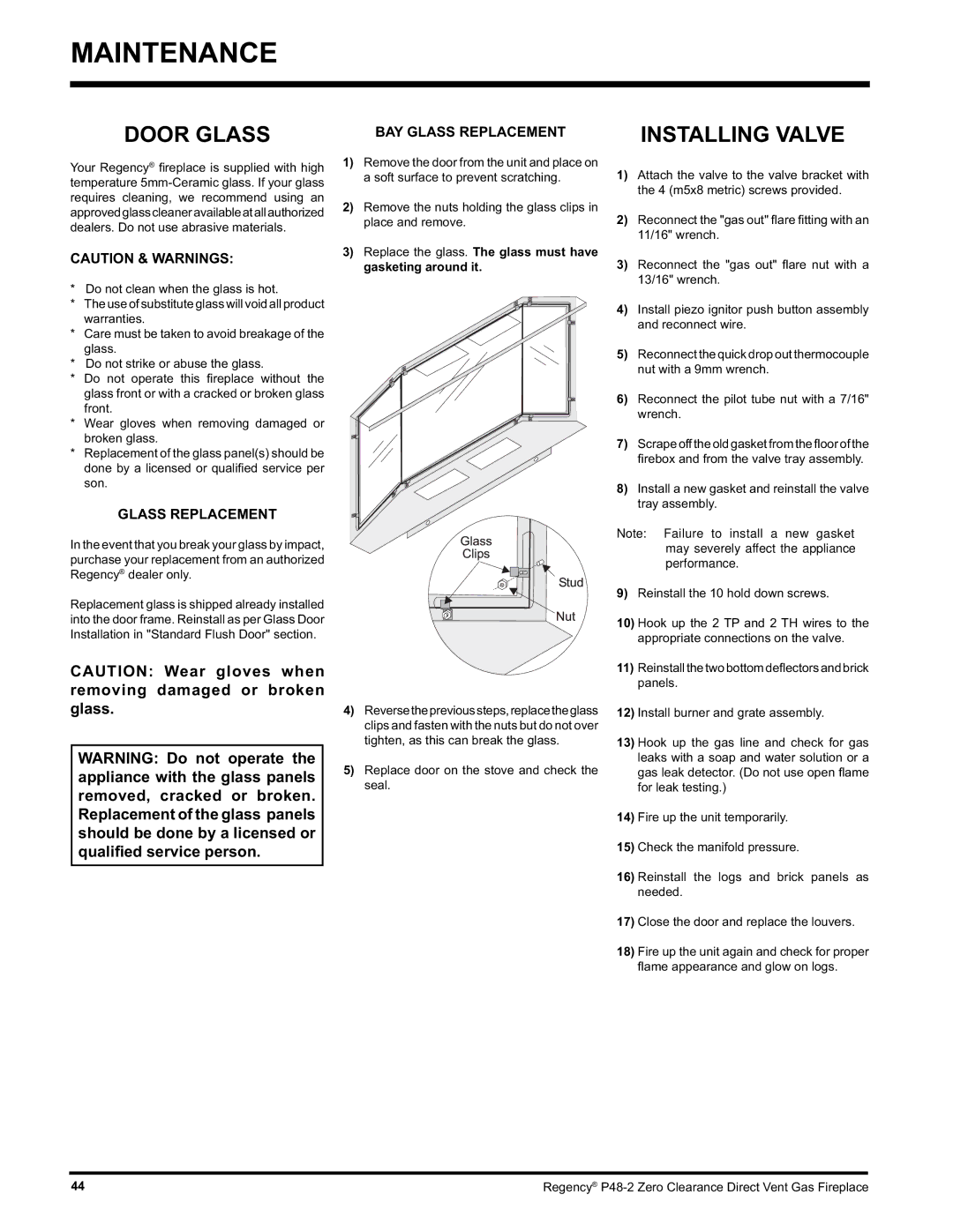 Regency P48-2 installation manual Door Glass, Installing Valve 