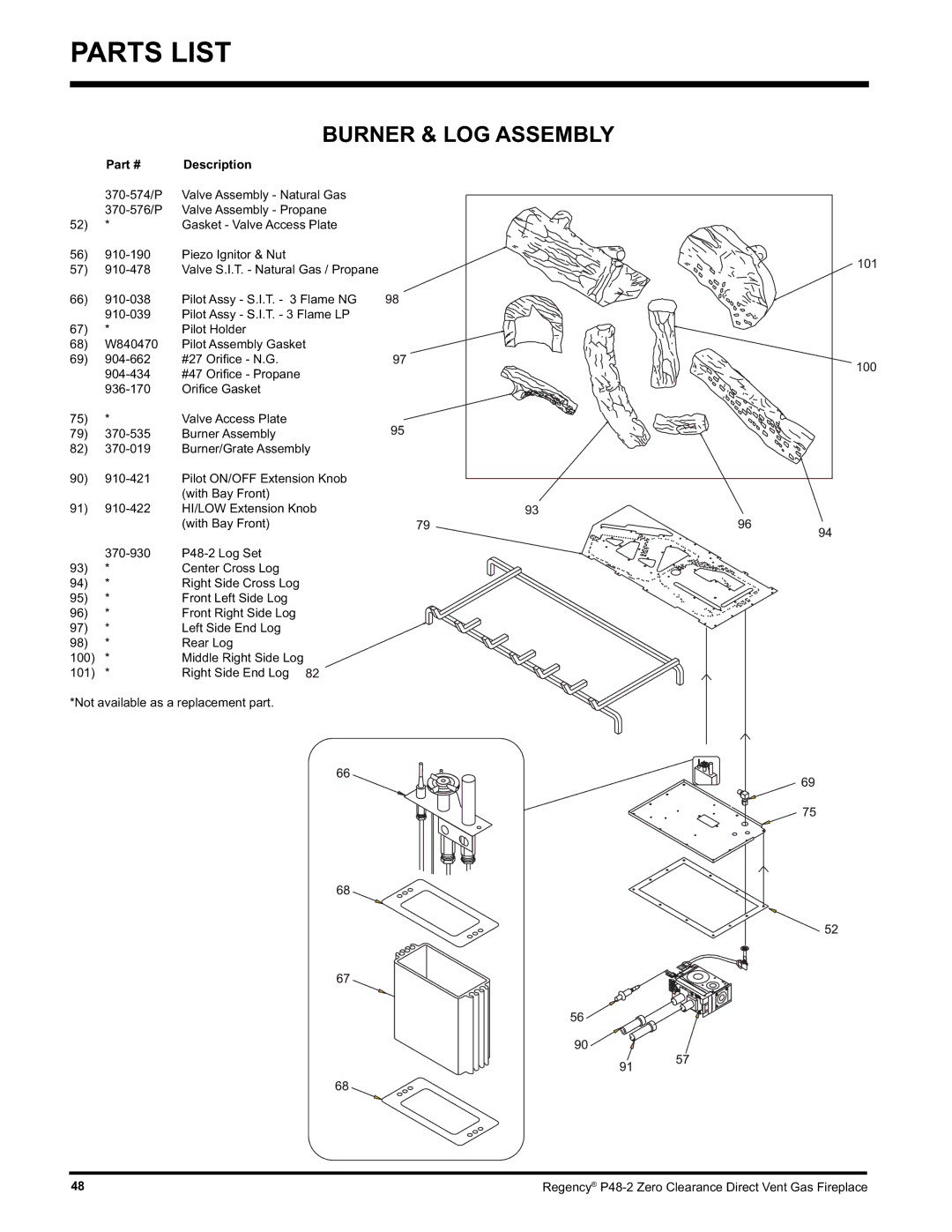 Regency P48-2 installation manual Burner & LOG Assembly 