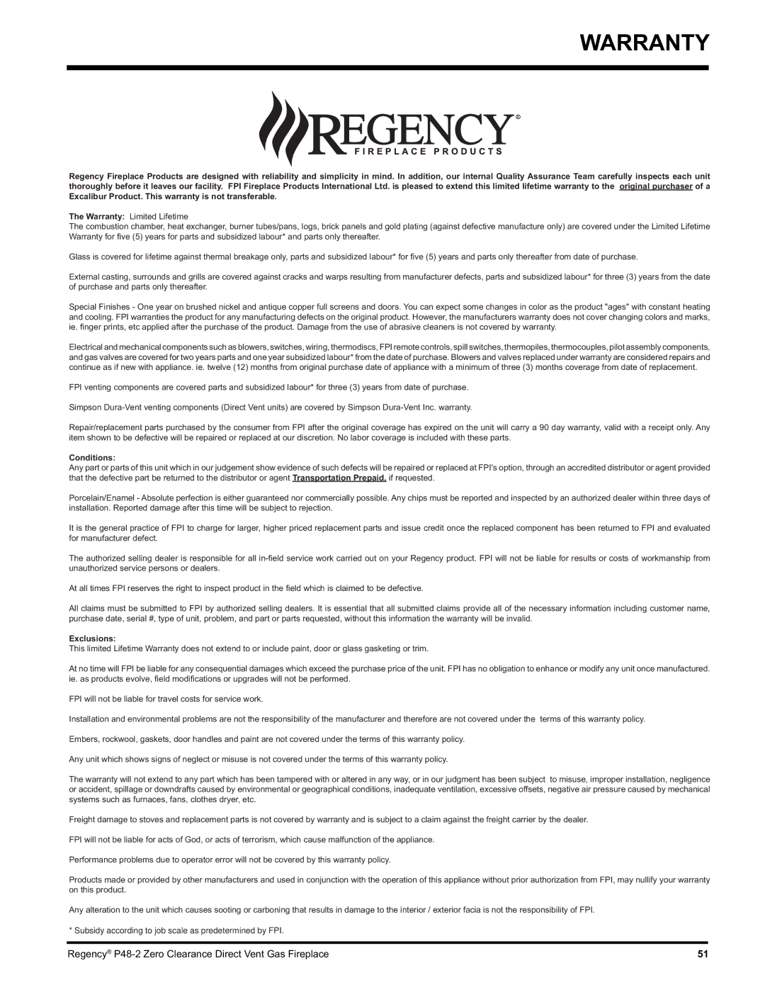 Regency P48-2 installation manual Warranty, Conditions 