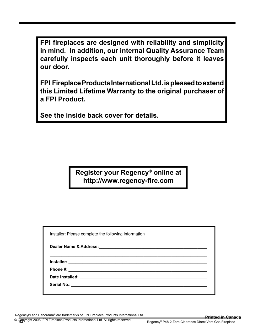 Regency P48-2 installation manual Installer Please complete the following information 