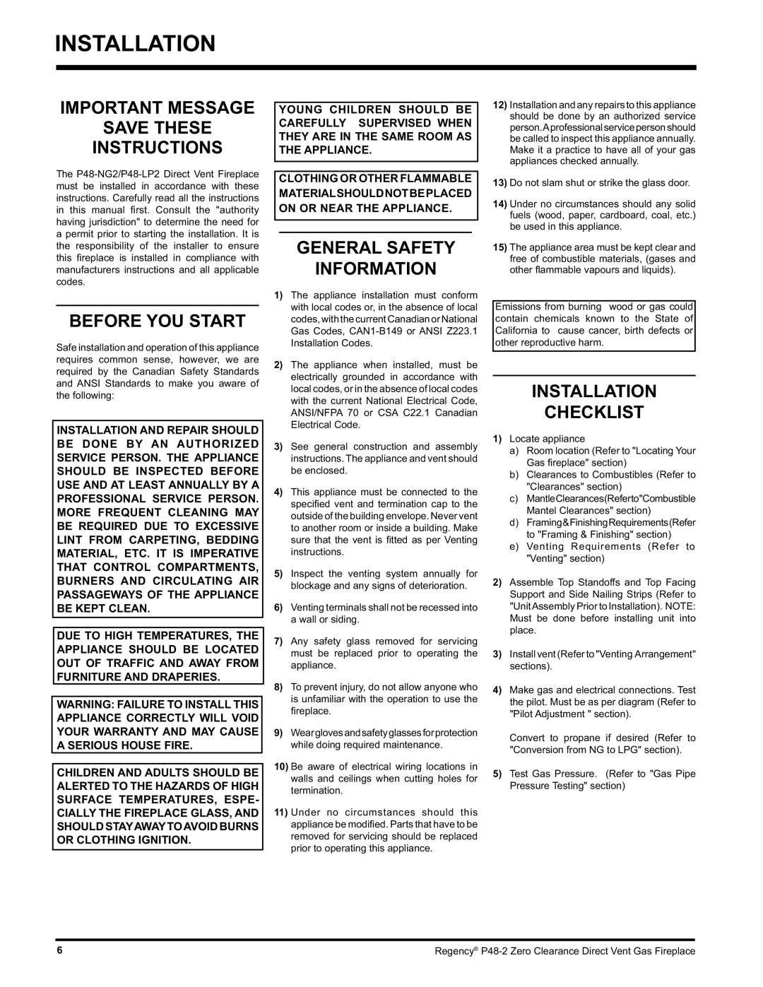 Regency P48-2 Installation, Important Message Save These Instructions, Before YOU Start, General Safety Information 