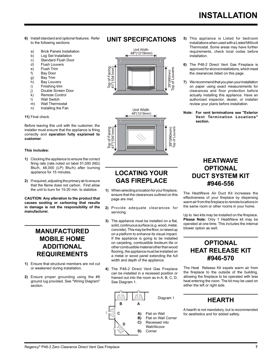 Regency P48-2 Manufactured Mobile Home Additional Requirements, Locating Your GAS Fireplace, Optional Heat Release KIT 